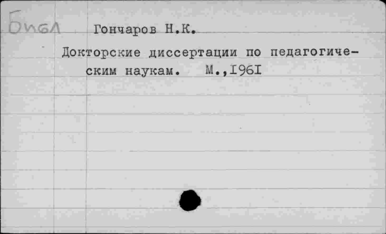 ﻿.ОУЧСА Гончаров Н.К.-----------
Докторские диссертации по педагогиче ским наукам. И.,1961